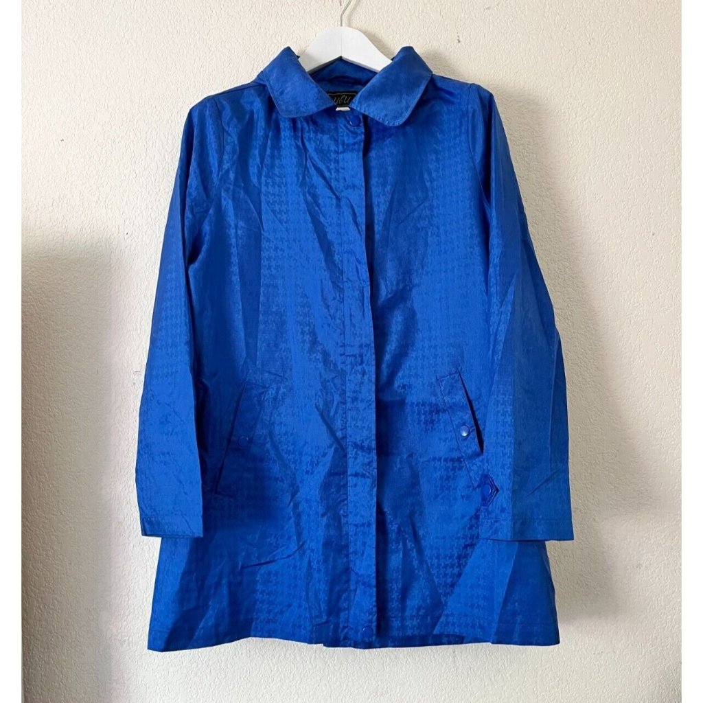 Ubu Womens Houndstooth Rain Coat Jacket With Hood Size Medium Blue Lightweight